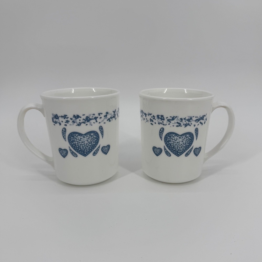 Vintage Corning USA Blue Hearts Mugs Set of 2 White Vitrelle Coffee Cups